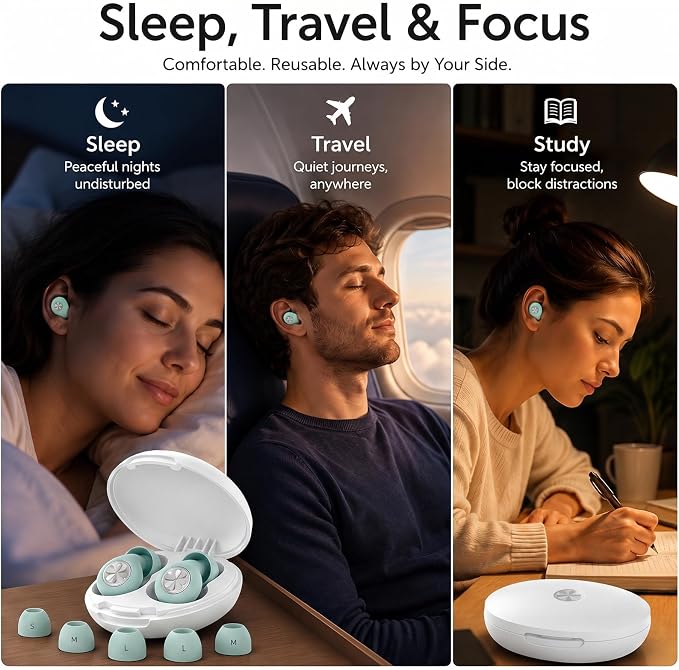45dB Ear Plugs for Sleeping, Soft Silicone for Side Sleepers, 4 Sizes | Reusable soft silicone with XS/S/M/L sizes for side sleepers, concerts, flights and hotels; carrying case included.