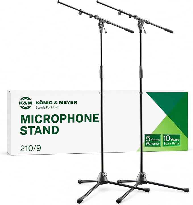 K&M König & Meyer 21090.500.55 Tripod Microphone Stands | Adjustable Telescoping 2-Piece Boom Arm | Professional Grade | Heavy Duty with Folding Leg Base | German Made | 2 Pack | Black