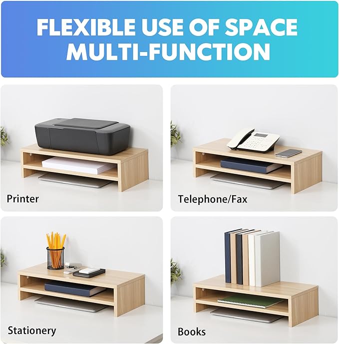 FITUEYES Monitor Stand - 2 Tier Computer Monitor Riser with 21.3 Inch Shelf, Wood Desktop Stand for Laptop Computer Screen, Desk Organization, Office Supplies