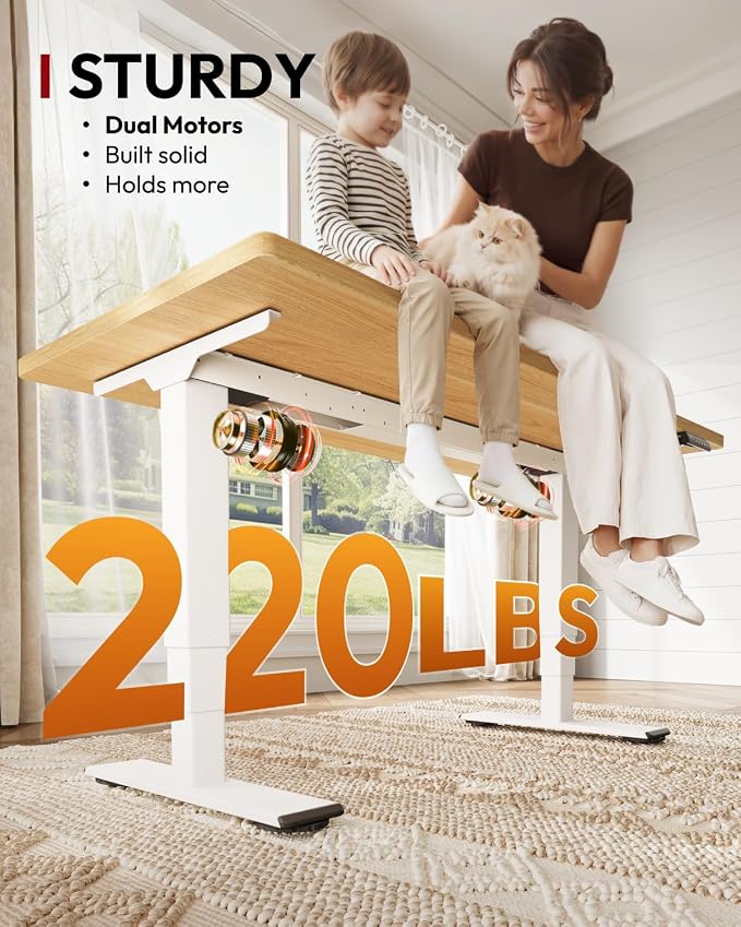 SANODESK Dual Motor Standing Desk 220lbs Height Adjustable Desk | 60"x24" Spacious One-Piece Maple Desktop & White Frame, 4 Memory Presets, 3-Stage Legs, 220lbs, 2-Box for Home & Office