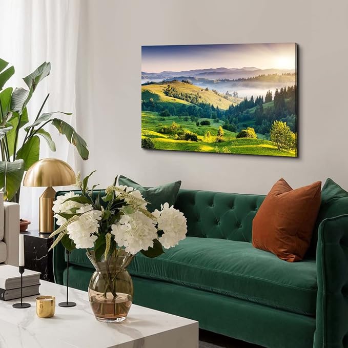 Sunrise Mountain Wall Art Misty Forest Landscape Canvas Picture Living Room Decor 24x36", Modern Large Green Nature Scenery Prints Painting Framed Artwork for Bedroom Bathroom Office Home Decoration