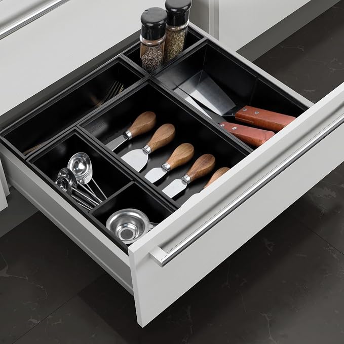 Bamboo Drawer Organizer,5 PCS Black Silverware Tray&Desk Organizers and Storage,Cabinet Divider With Removable Bathroom Organization for Kitchen,Utensils,Junk,Office,Makeup
