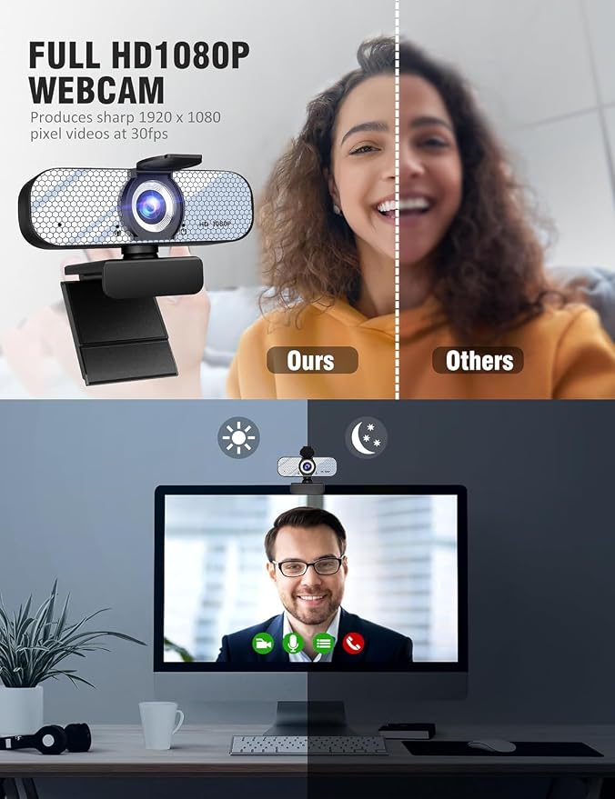HD 1080P Webcam with Built-in Microphone and Rotatable Tripod, 1080P Video and Wide Angle Camera, Privacy Cover, for Desktop PC or Laptop Computer （White）