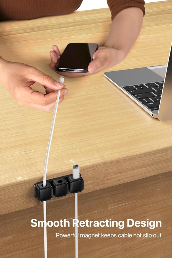 Smofish Magnetic Cable Clips, 6 Pack 10-Slot Cord Organizer, Strong Phone Charging Cable Holder Clips, Wire Charger Keeper for Desk, Nightstand, Kitchen Appliances, Office Supplies (Black)