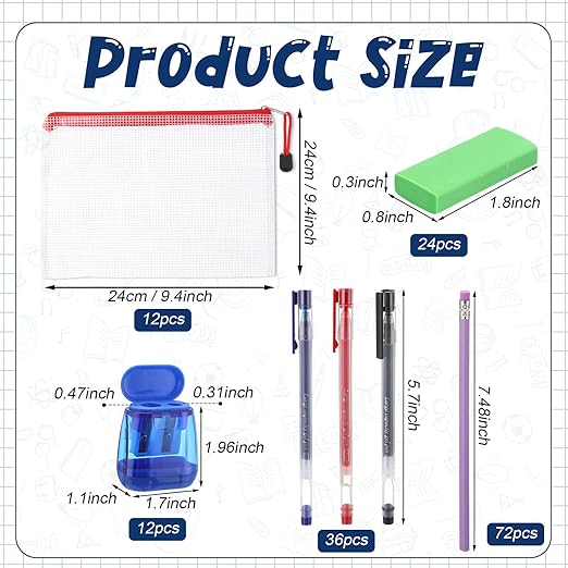 156 Pcs/12 Set Back to School Supplies Kit, Mesh Zipper Pouch Bags with Pencils, Erasers, Sharpeners, Pens – Bulk School Supplies for Classroom & Office Use