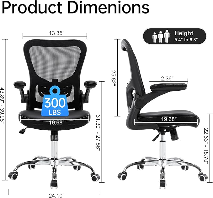 Ergonomic Office Chair Adjustable PU Leather Computer Chair with Lumbar Support,Flip-Up Arms, Breathable Mesh Back, Swivel Rolling Executive Desk Chair for Home Office, Black