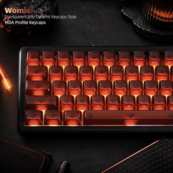 Womier Jelly Keycaps, Ceramic Keycaps Style Clear PC Custom Keycaps Set, Laser Carving Side Printing 60% 75% 100%, MDA Profile for Mechanical Keyboard Keycaps, Compatible Full-Sized Layout, Red/Brown