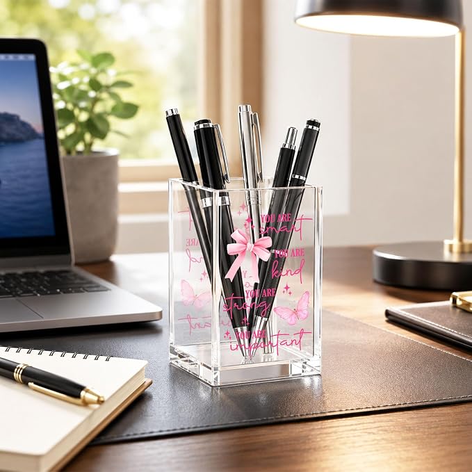 Butterfly Acrylic Pen Holder Cup, Inspirational Affirmation Desk Decor, Positive Quotes Pencil Holder Organizer, Aesthetic Office Accessories, Gift for Women Teen Girls