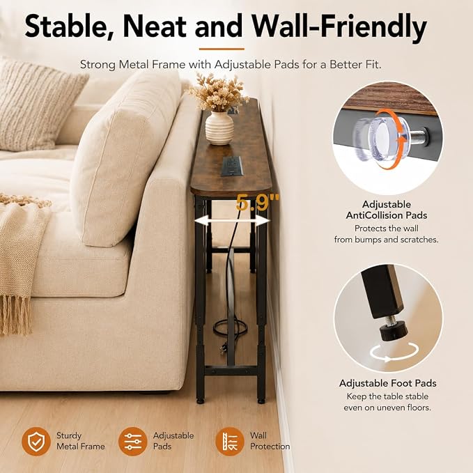 Forteek 78.8" Narrow Sofa Table with Power Outlets, Adjustable Height | Smooth Rounded Corner,Behind Couch with Storage for Living Room,2 USB Ports,Charging Station,Rustic Brown,Anti-Bump Pads
