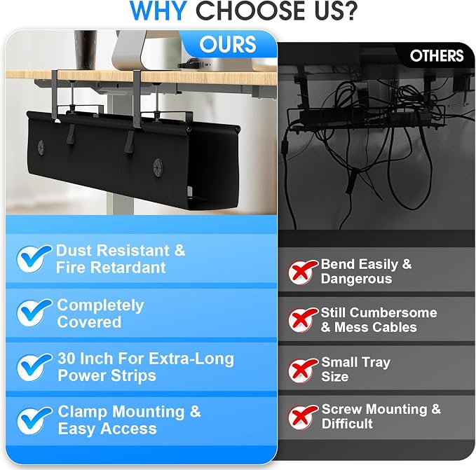 Under Desk Cable Management Tray, 30-inch No-Drill Cord Organizer with Anti-Sag Reinforced Base, Fabric Wire Management Hider for Standing Desk, Office & Gaming Accessories - Black