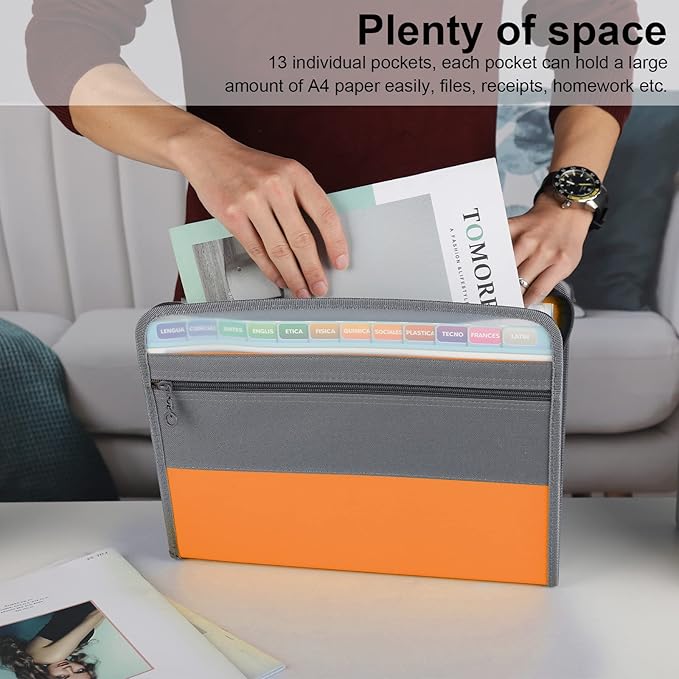 NAFY Expanding File Folders, 2Pack 13 Pockets Document Organizer with Zipper, A4 Letter Size Portable Accordion Expanding File Folders with Multicolor Labels for Office School Supplies (Black+Orange)