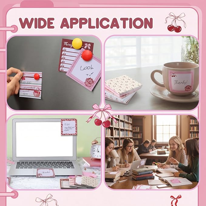 9 Pads Cherry Bow Sticky Notes 3x3 Inch Cute Self Stick Notepads Notes Adhesive Memo Pad Office Decor Gifts for Students School Teacher Meeting Office Supplies