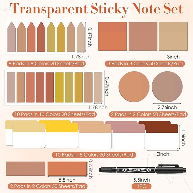 Glenmal Transparent Sticky Note Set 910 Sheets Translucent Clear Self-Adhesive Sticky Notes Bulk Gradient Color Waterproof for Bible Tabs Book Tabs Office Study Supplies Book Annotation(Brown)
