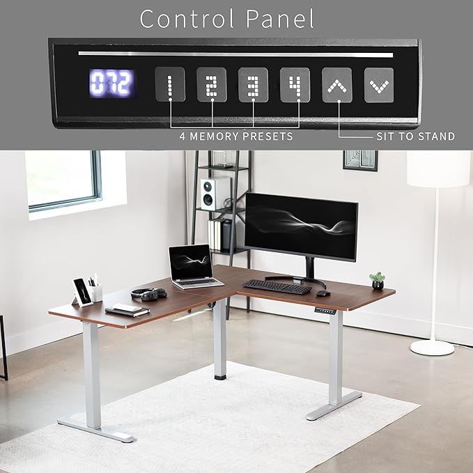 VIVO Corner Standing Desk, 63 x 55 inch Reversible L-Shaped Workstation, Electric Height Adjustment, Home, Office, and Reception Rooms, Dark Walnut Table Top Gray Frame, DESK-E3CTGD