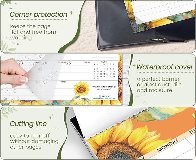 AECCN Desk Calendar 2026-2027 3 Pack, 18 Months Calendar, 17" x 11.4" Large Space, Anti Ink Bleed and Transparent Cover, Desktop Calendars with Stickers for Teacher supplies & Office Planning-Flower