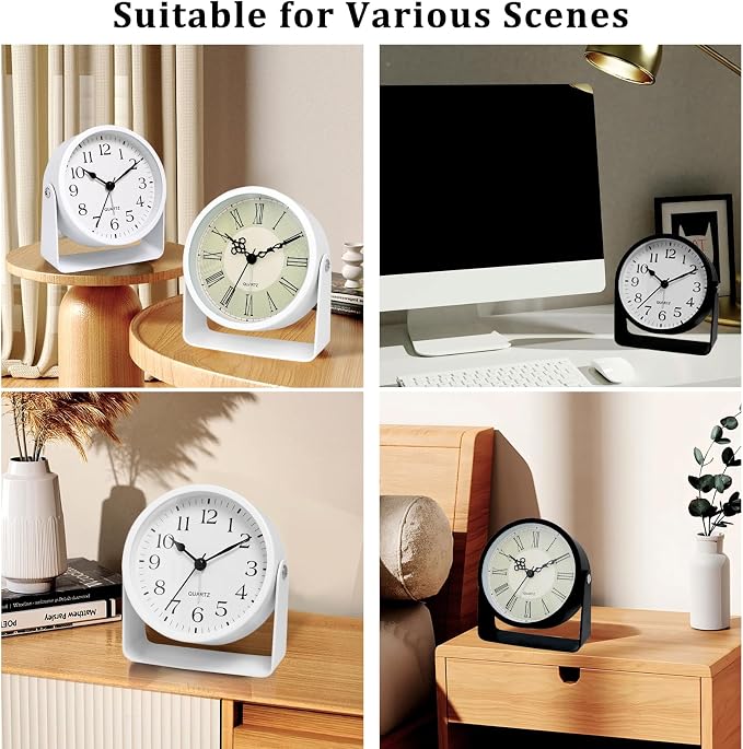 Analog Alarm Clock - 4.5" Silent Non Ticking Small Clock with Light, Rotatable Stand Metal Desk Clock Battery Operated, Simple Design for Living Room Decor/ Bedroom/Bedside/Shelf (White-Arabic)