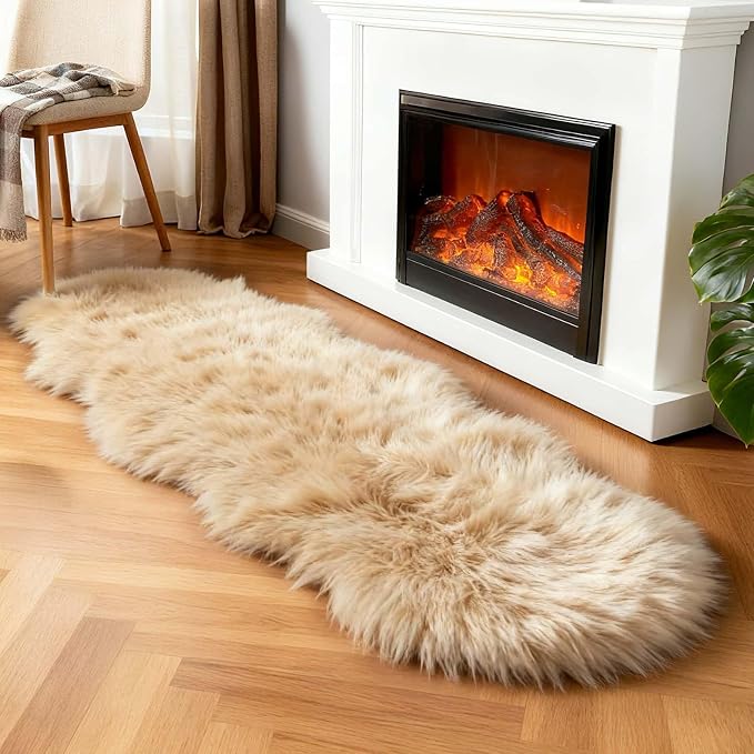 linmopm Faux Fur Sheepskin Rug, Beige, 2x6 ft Runner | Shag Fluffy Fuzzy, High-Density Cushion, For Bedroom Bedside Living Room, Plush Carpet