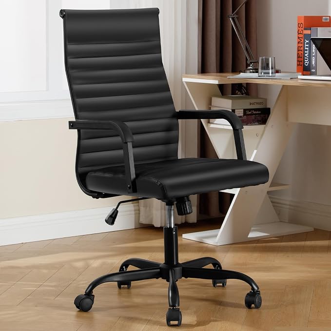 Office Chair, Ergonomic Executive Conference Room Chairs, Ribbed Leather Desk Chair with Lumbar Support, Adjustable Height Mid-Back Swivel Chair with Padded Seat