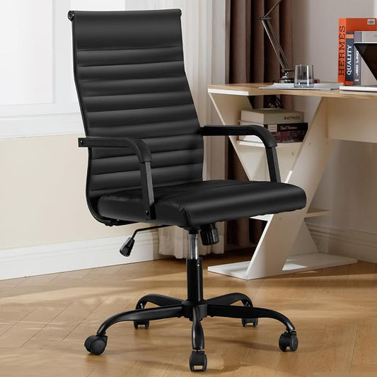 Office Chair, Ergonomic Executive Conference Room Chairs, Ribbed Leather Desk Chair with Lumbar Support, Adjustable Height Mid-Back Swivel Chair with Padded Seat
