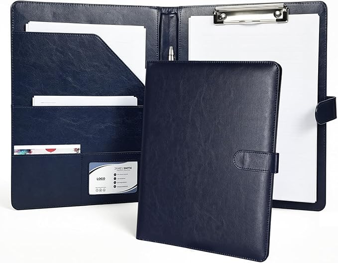 Professional Padfolio with Clipboard, Faux Leather Portfolio Folder Binder, Legal Pad Holder for A4 Letter Size Notepad, Resume, Writing Pad, Ideal Organizer for Business Office Conference (Blue)