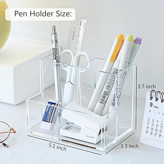 MUAMAX Minimalist Clear Acrylic Desk Organizer, 3-Compartment Pen Pencil Holder, Office Desk Supplies, Makeup Brush Holder, Transparent