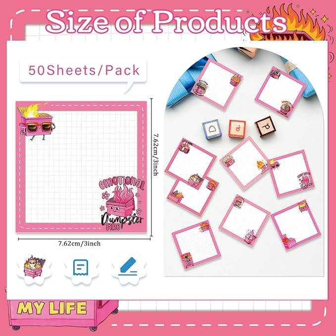 Funny Sticky Notes Gifts - 9 Pack Pink Dumpster on Fire Notepads for Work 3x3 Inch, Everything is Fine Self-Adhesive Memo Pads, Work Gag Office Supplies Gifts for Coworkers (450 Sheets)