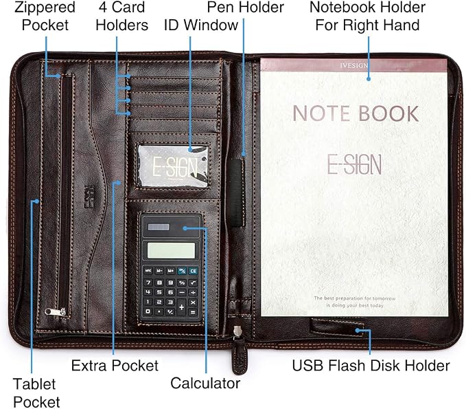 Faux Leather Portfolio Padfolio Organizer with Calculator, Writing Pad, Zipper Closure, Tablet Sleeve, Clipboard with Storage, Document Organizer, Business Card Holder, Note Pads- Dark Brown