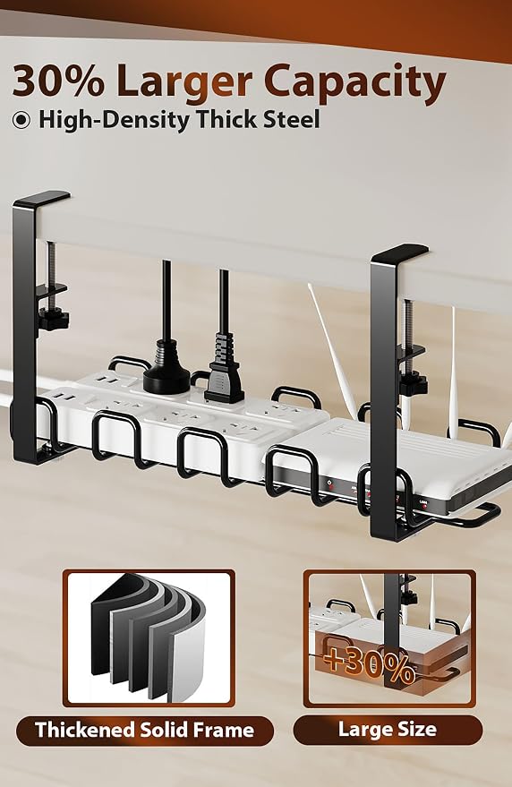 Cable Management Tray Under Desk 15.8'' - 4mm Wire Sturdy Cord Organizer for Desk Accessories - Cord Organization with Clamp No Drill - Standing Desk Accessories for Home Office
