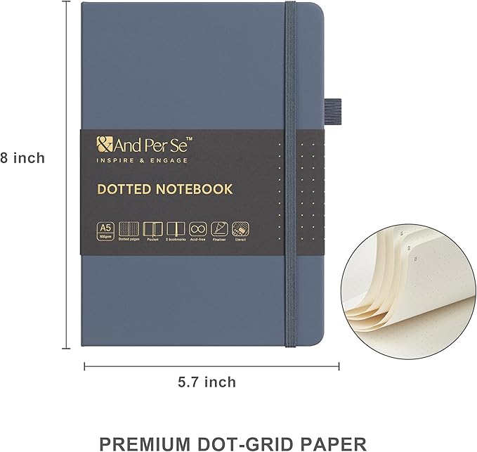 &And Per Se A5 Hardcover Dotted Notebook with 25+ Accessories - 6 Pens, Stickers, Stencils, Washi Tapes & Gift Box Included | Dotted Journal Kit for Beginners, Adults, Premium Gift Set (Dark Blue)