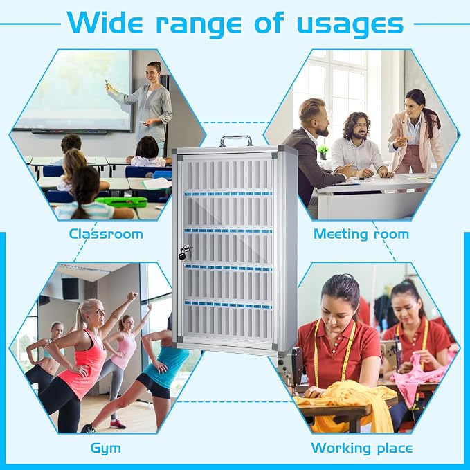 Amylove Cell Phone Locker Cabinet Aluminum Alloy Pocket Chart Storage Locker Box Cabinet Wall-Mounted Cell Phones Storage Box with Handle for Office Classroom Gym(White,60 Slots)