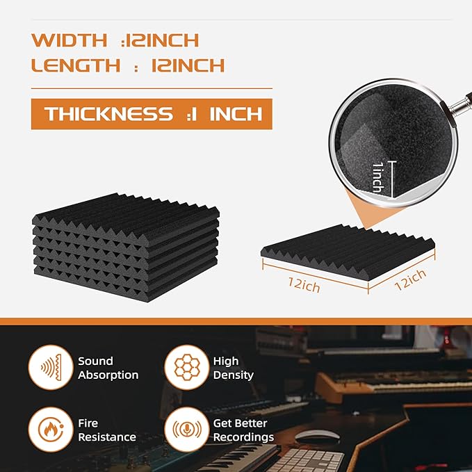 54 Pack Sound Proof Foam Panels |12"×12"×1" Quick-Recovery Soundproof Wall Panels | High Density Sound Dampening Panels for Home Studio |With Adhesive Stickers 270PCS
