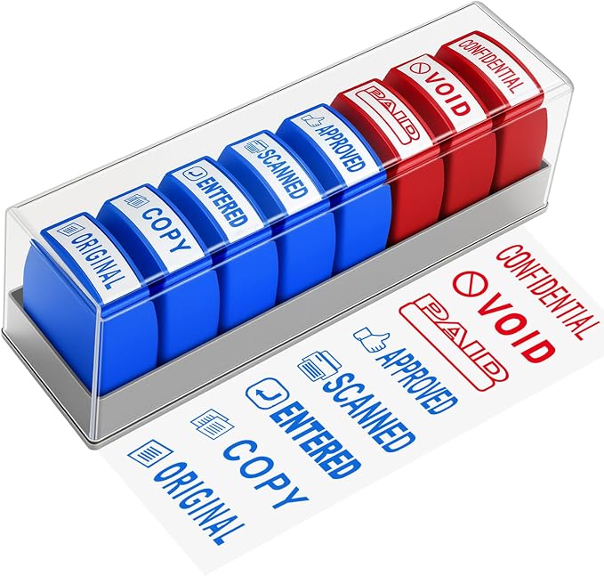 8 Pcs Office Stamps for Business, Paid Void Copy Scanned Confidential Approved Original Entered Self Inking Red Blue Rubber Stamps with Storage Tray, Account Finance Staff Supplies
