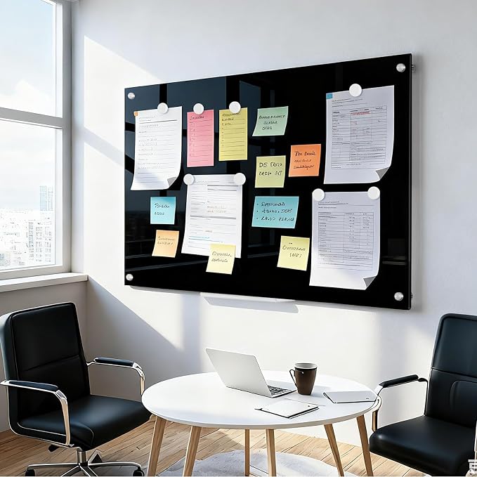 Magnetic Large Black Dry Erase Board, 24" x 18" | Black Glass Board Frameless Wall Mounted Glass Whiteboard for Office, School & Home with 1 Marker & 6 Strong Magnets