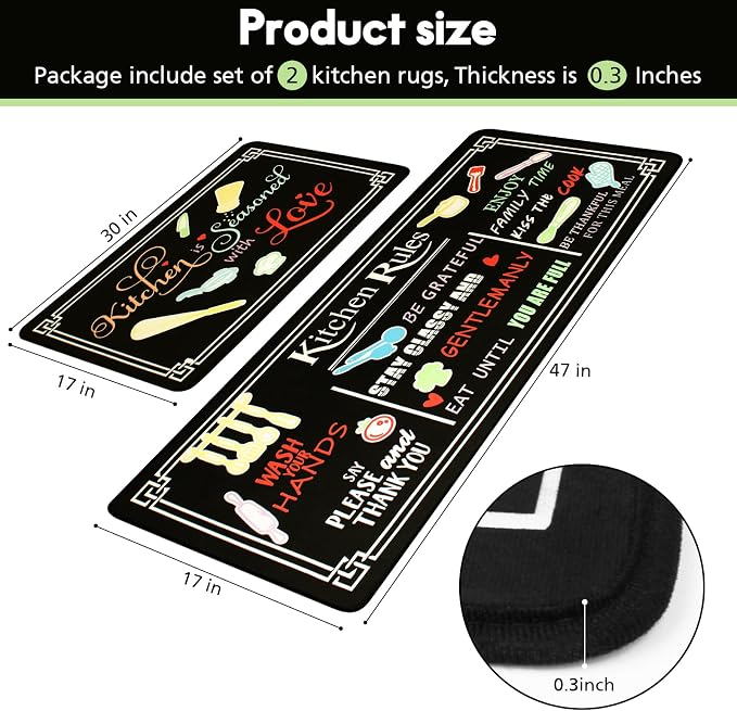 Voanos Black Kitchen Rugs,Non Skid Washable Microfiber Kitchen mats for Floor,Kitchen Rules Theme Kitchen Cushioned Runner Rug Decor Sets of 2,Size 17"x 47"+17"x 30"