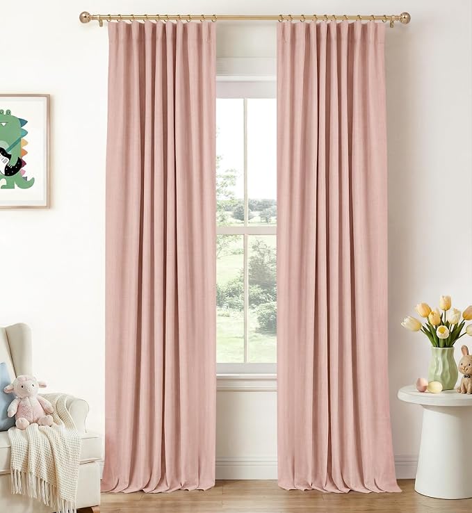 INOVADAY 100% Blackout Curtains for Bedroom, Blush Pink Black Out Curtains 80 Inch Long, Clip Rings Linen Blackout Drapes, Thermal Insulated Room Darkening for Living Room, 2 Panels - W50xL80