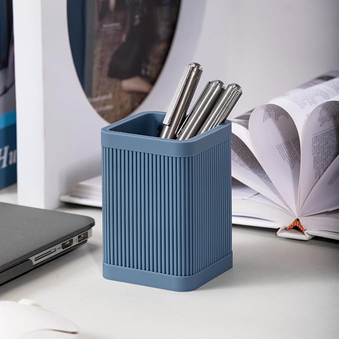 HighHerz Aesthetic Pen Holder For Desk, Modern Silicone Pencil Holder, Stylish Office Desk Decor, Made of 5 mm Thickened Premium Silicone, Office Desk Organizer And Accessories (Dark Blue)