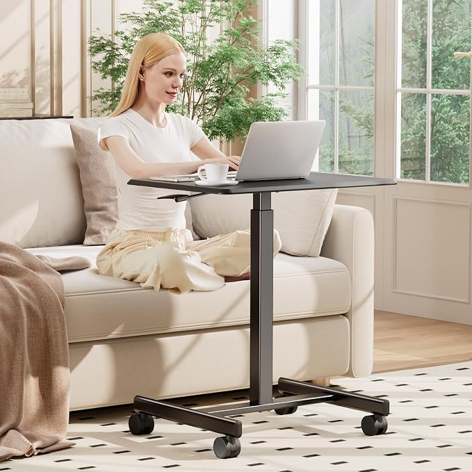 DUMOS Small Rolling Desk Mobile Standing Portable Laptop PC Table with Wheels Adjustable Height Computer Workstation for Home Office, Compact Small Space, Easy Assembly, Modern Black