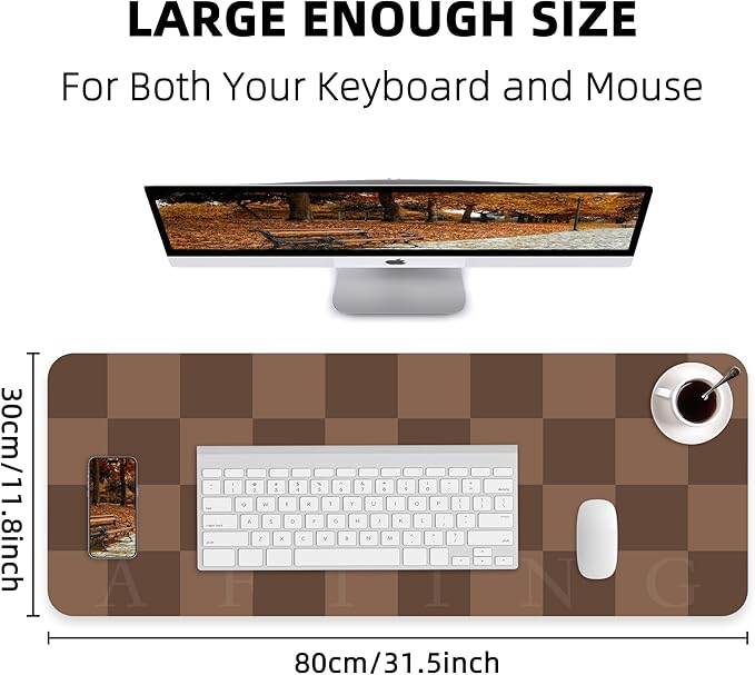 AFIING Brown Checkered Desk Pad 31.5" x 12" | Waterproof PU Leather, Non-Slip Rubber Base, Checkered Design, Office & Home