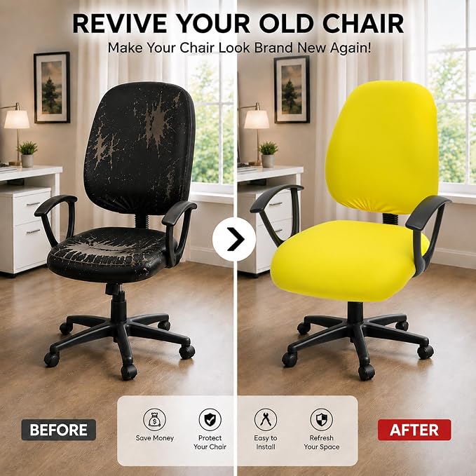 Stretchable Desk Office Chair Seat Covers - Universal Stretch Computer Chair Slipcover - 180GSM Washable Rotating Backrest Coverings & Cushion Protectors for Dogs, Cats, Pets, Yellow