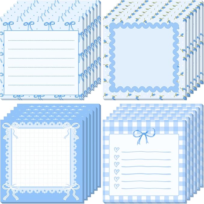 Thenshop 24 Pad/720 Sheets Coquette Bow Sticky Notes 3 x 3 Inch Cute Bow Sticky Note Pads Coquette Stuff Ribbon Notebook Memo Pads School Supplies for Women Party Favors(Blue)