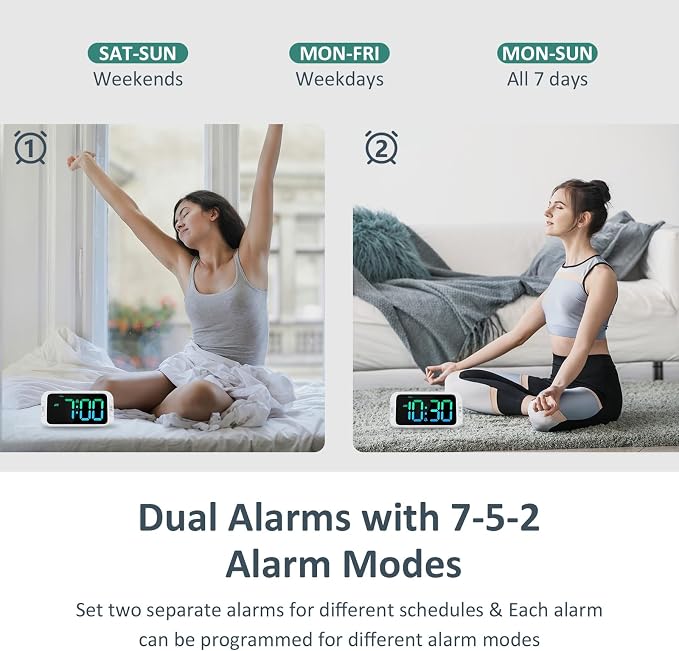 Odokee Digital Dual Alarm Clock for Bedroom with 0-100% Dimmable Display | RGB Electric Alarm Clock for Kids with Weekday/Weekend Mode - Loud Alarm for Heavy Sleepers with 5 Sounds Adjustable Volume