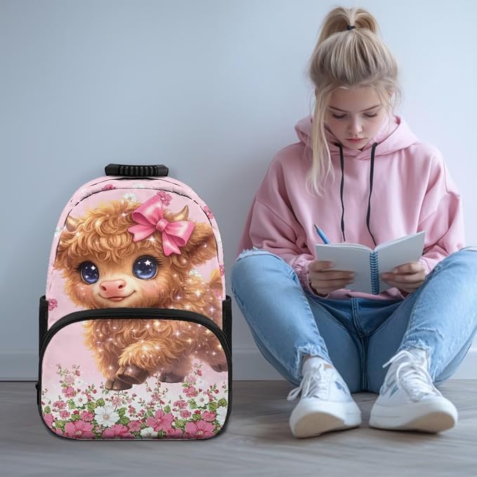 ZFRXIGN Cute Highland Cow Kids Backpack for Girls 4-6 6-8 Bookbag with Cute Pendant 17inch Elementary School Bag and Insulated Lunch Box Portable Pencil Case