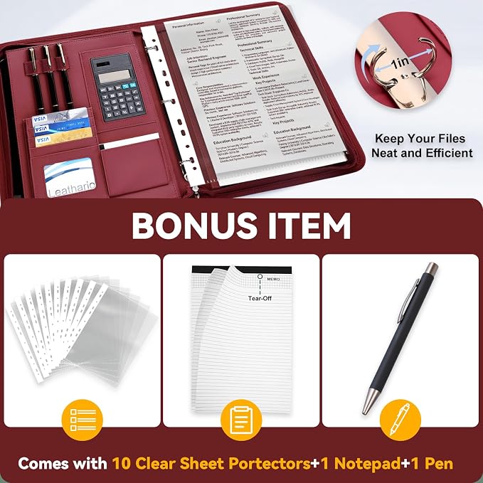 Leathario Portfolio Binder, Includes 5 Sheet Protectors and a Pen, 13 Inch Tablets Organizer, Vegan Leather A4 Padfolio, Multi-Pocket Notepad Business Planner Professional Document