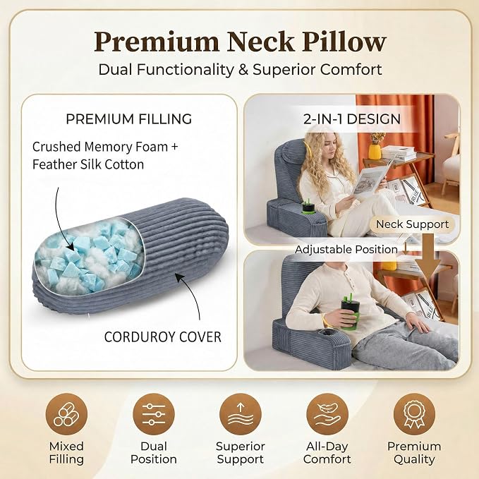 Reading Pillow for Adults, Back Pillow for Bed Sitting Up, Backrest Pillow for Sitting in Bed, Detachable Arms with Built-in Cup & Phone Caddy (Dark Gray-Corduroy, 21 INCH)