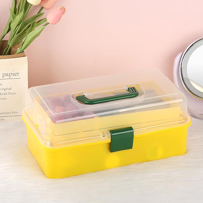 BTSKY 3-Layer Plastic Dividing Storage Box Craft Organizer and Storage | Portable Handled Art Supply Organizer with Adjustable Spacers Multipurpose Home Utility Box for Medicine Sewing(Yellow+Green)