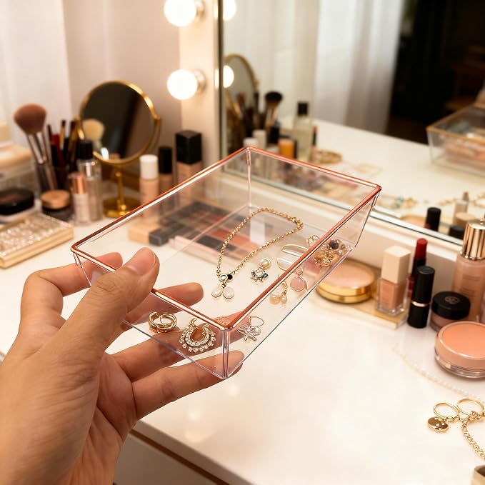 4 Pack Large Size Clear Stackable Drawer Organizer Trays, Rose Gold Rim Makeup Drawer Storage Tray Divider, Desk Storage for Makeup, Jewelry, Bathroom, Stationary, Kitchen Utensils and Office Desk
