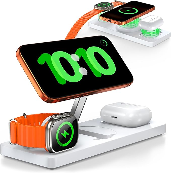 Foldable 3-in-1 Wireless Charging Station for Apple Magsafe Charger Stand, Travel-Friendly Fast Magnetic Wireless Charger Station for iPhone 17/16/15/14/13/12, Apple Watch & AirPods Series, White