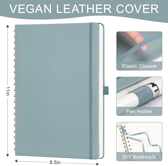 AHGXG Dotted Journal Spiral Notebook 8.5" x 11", Large A4 Leather Hardcover Dotted Notebook, 100 GSM Thick Dot Grid Paper, Inner Pocket, for Dotted Journaling, GrayBlue