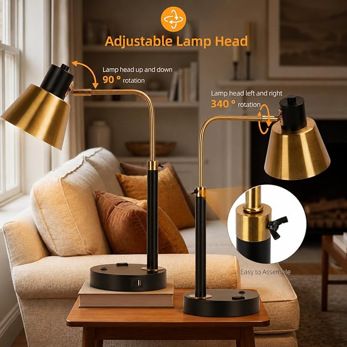 Desk Lamp with USB-C, USB-A & AC Outlet, Adjustable Metal Desk Lamp with 340° Swivel Lamp Head, Heavy Duty Table Lamp for Home Office, Bedroom & Reading, Black with Brass Accents (Bulb Not Included)