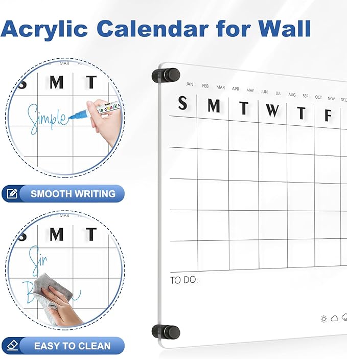 Acrylic Calendar for Wall Whiteboard, 12" x 12" Weekly Clear Dry Erase Board, Small Planning Board White Board for Wall, Home, Office, School